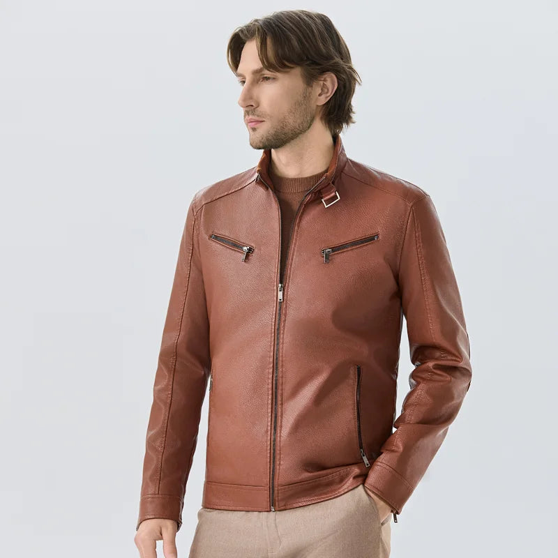 Men’s PU Leather Biker Jacket – Fleece Lined Casual Workwear
