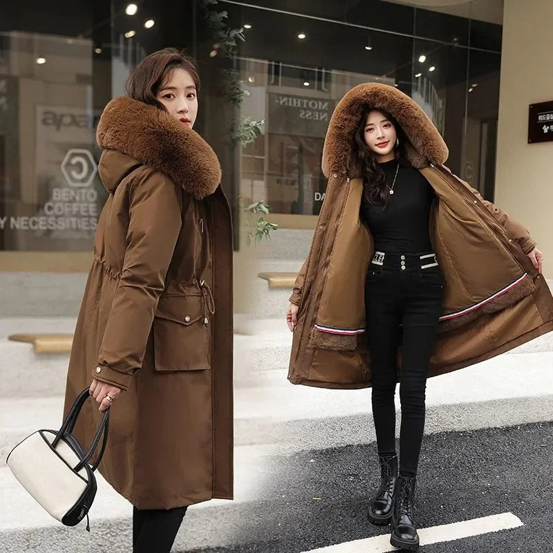 New Women’s Winter Parka – Fur Collar Hooded Mid-Length Coat with Removable Inner Liner