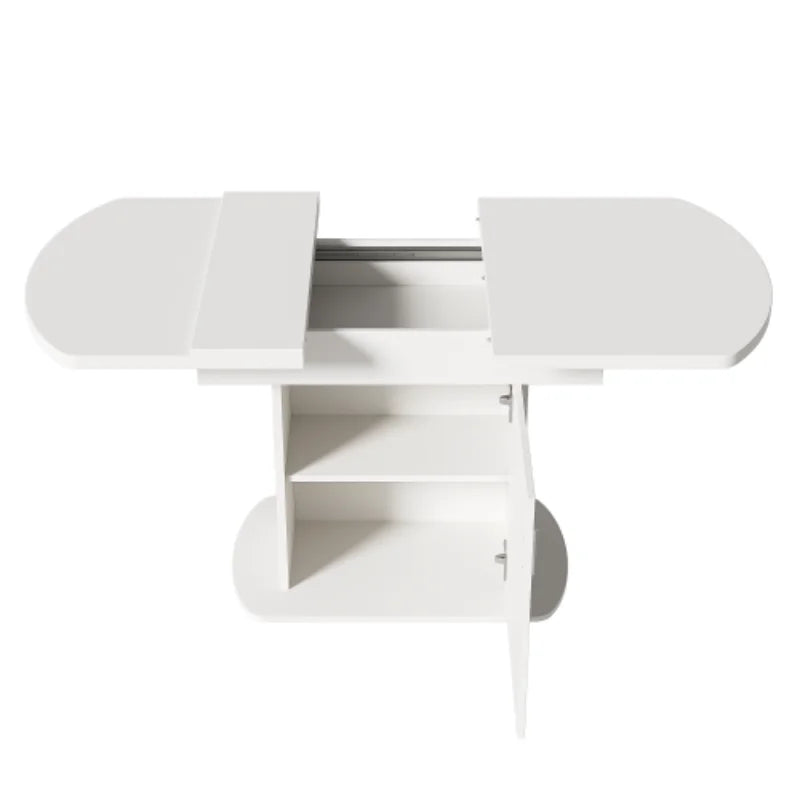 Table de salle à manger ovale extensible, peu encombrante et multifonctionnelle avec rangement – Blanc avec poignées argentées