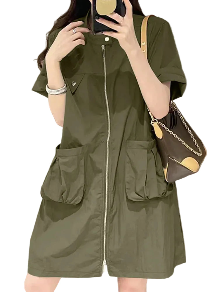 Robe d'été unie mi-longue tendance – Robe cargo élégante avec poches et fermeture éclair