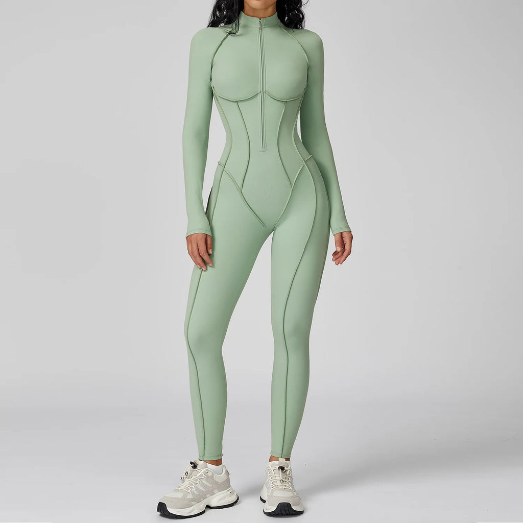 Body de yoga à manches longues pour femme – Combinaison de sport une pièce zippée