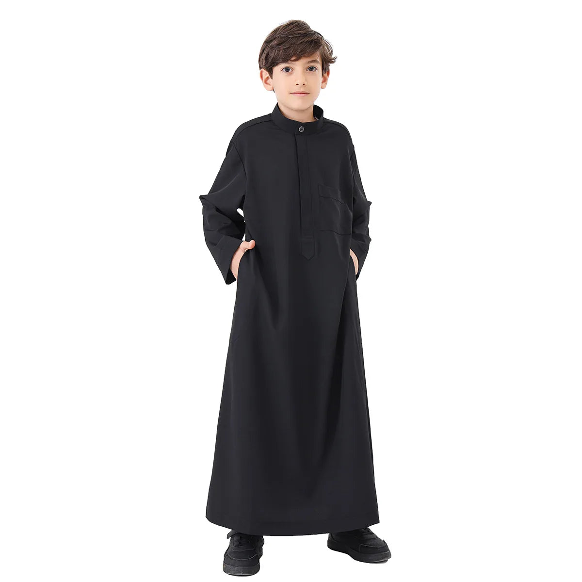 Arab Boys Traditional Long Robe – Pure Color Stand Collar Muslim Clothing for Kids