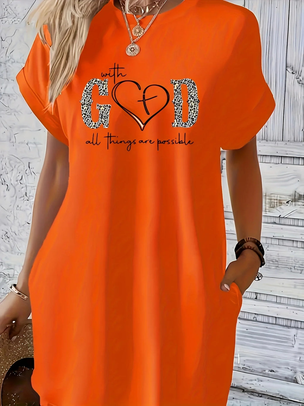 Women’s Casual Knit T-Shirt Dress with “GOD” Letter Print – Crew Neck Short Sleeve