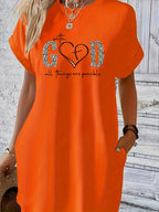 Women’s Casual Knit T-Shirt Dress with “GOD” Letter Print – Crew Neck Short Sleeve