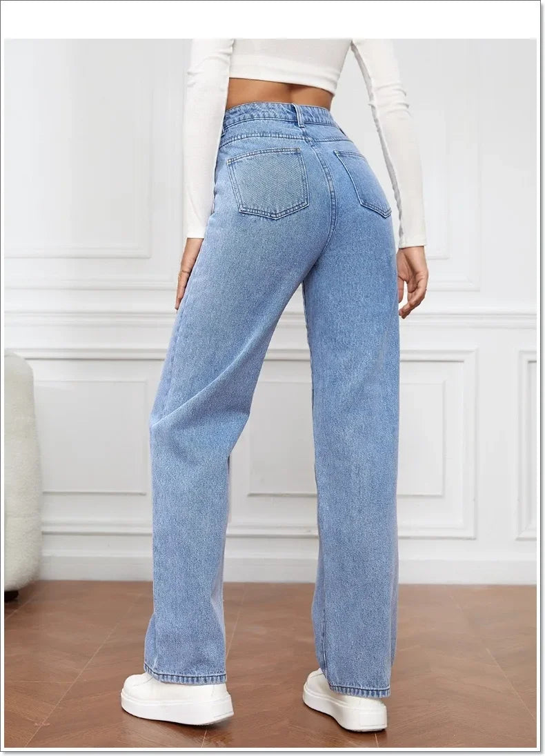 2000s Women’s High Waist Wide Leg Straight Jeans – Y2K Loose Fit Denim Trousers