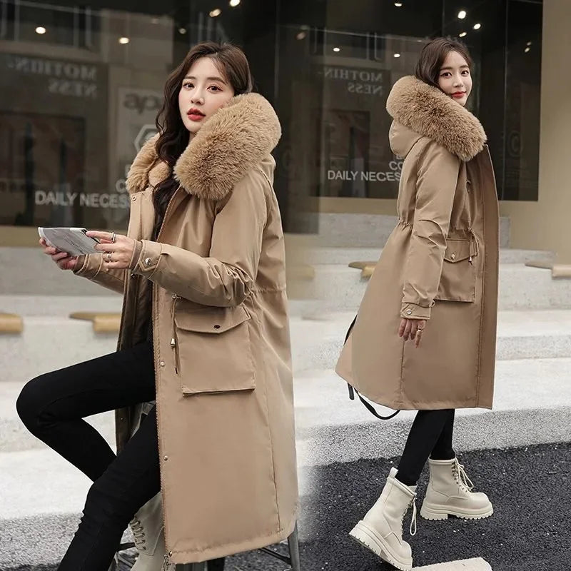 New Women’s Winter Parka – Fur Collar Hooded Mid-Length Coat with Removable Inner Liner
