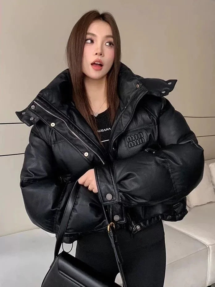 Miu Winter Ancora Red PU Down Cotton Short Hooded Leather Puffer Jacket