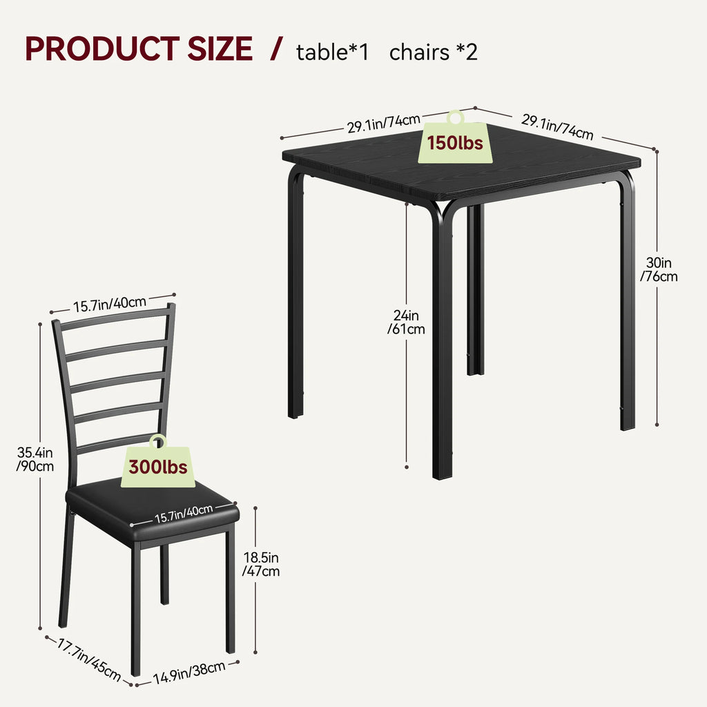 Table à manger pour 2 personnes – Petite table de cuisine carrée avec chaises rembourrées
