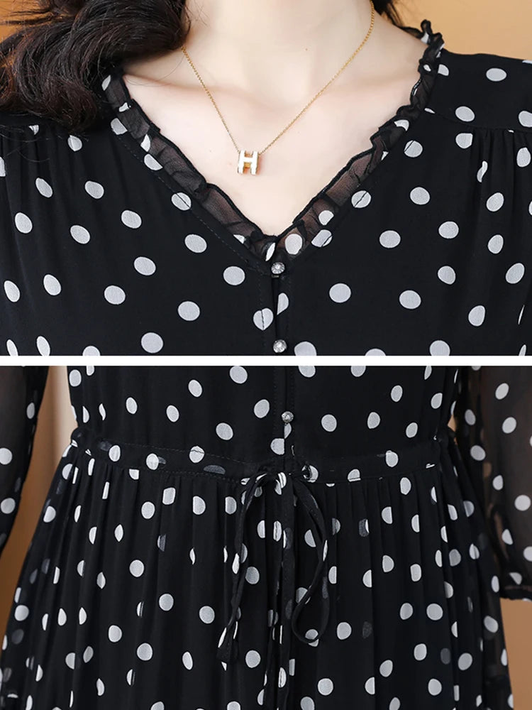 Summer Black Polka Dot Silk Midi Dress – Elegant Ruffled V-Neck Hepburn Style Party Dress