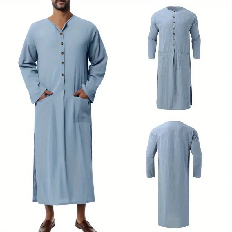 Middle Eastern Ethnic Men’s Robe Dubai Style Loose Stand Collar Long Sleeve Thobe – Traditional Islamic Casual Wear