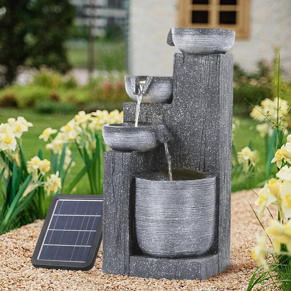 Rustic Outdoor Floor Water Fountain with LED Lights – Cascading Bowls for Patio