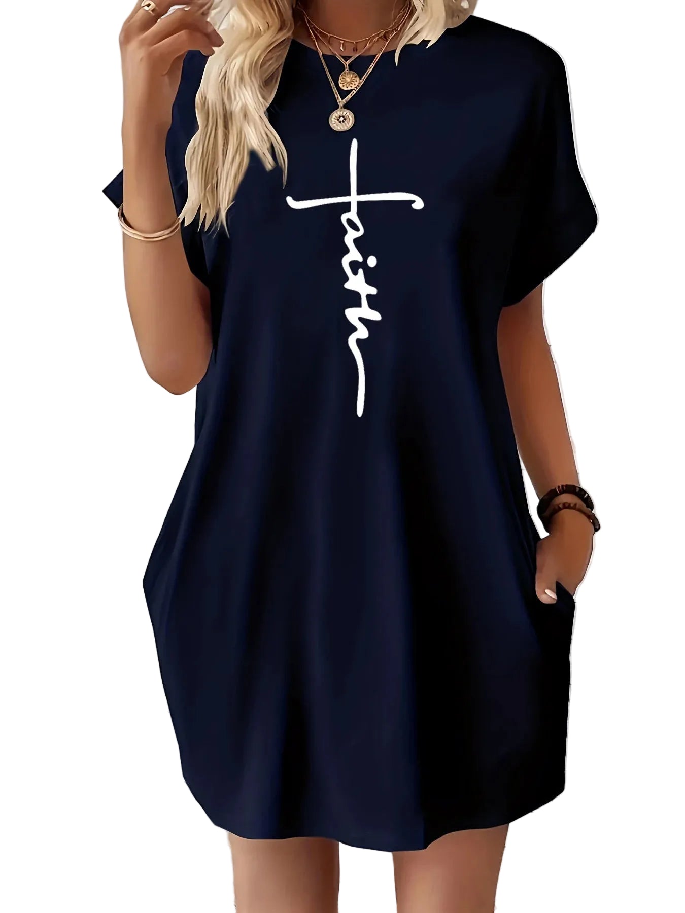 Robe d'été ample à manches courtes et col rond avec imprimé croix et poches pour femme