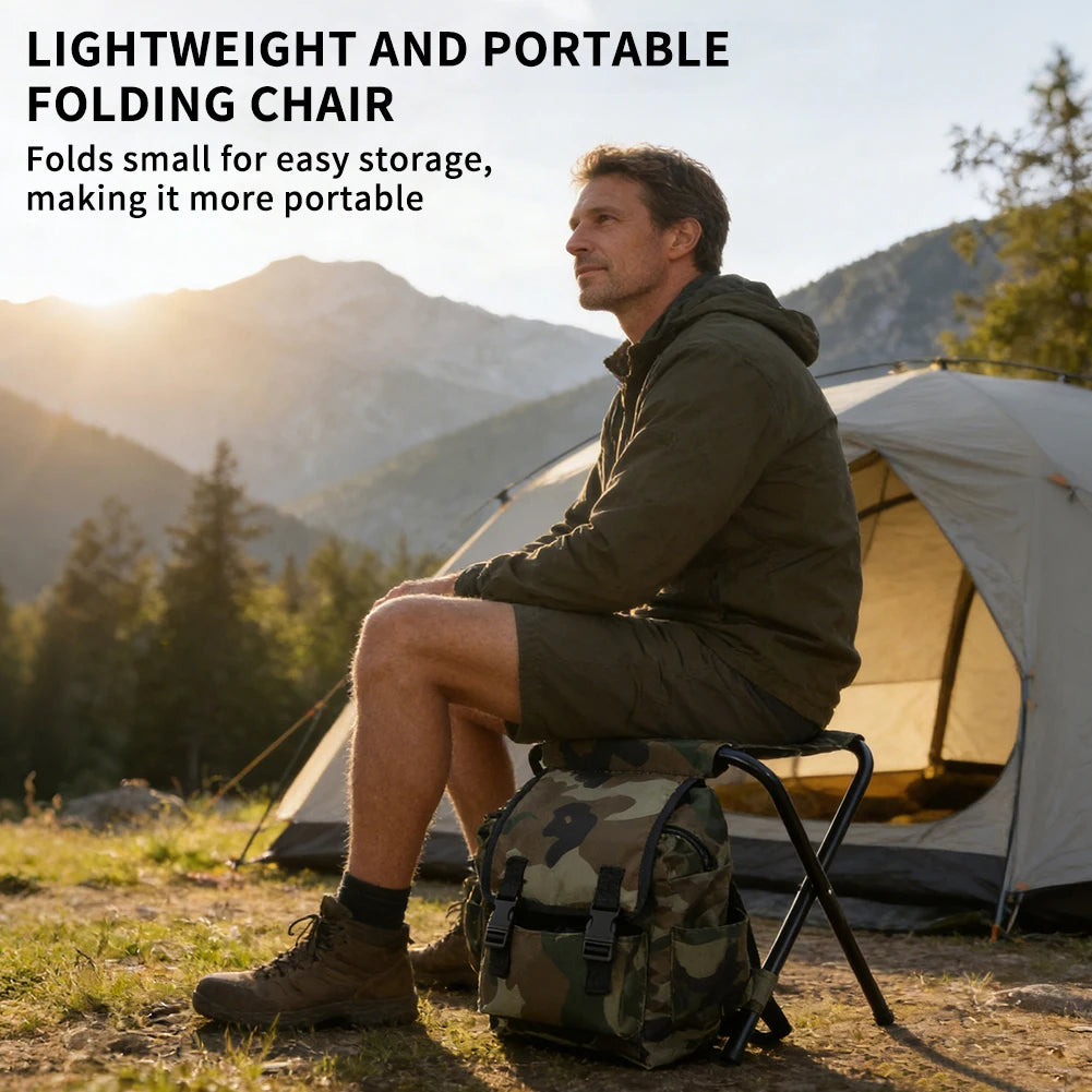 Folding Camping Stool Backpack Chair – Portable Fishing Seat with Storage Bag