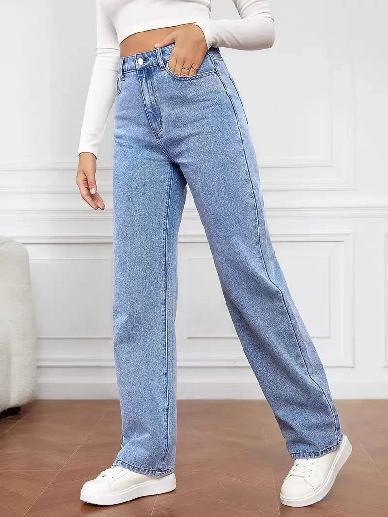 2000s Women’s High Waist Wide Leg Straight Jeans – Y2K Loose Fit Denim Trousers
