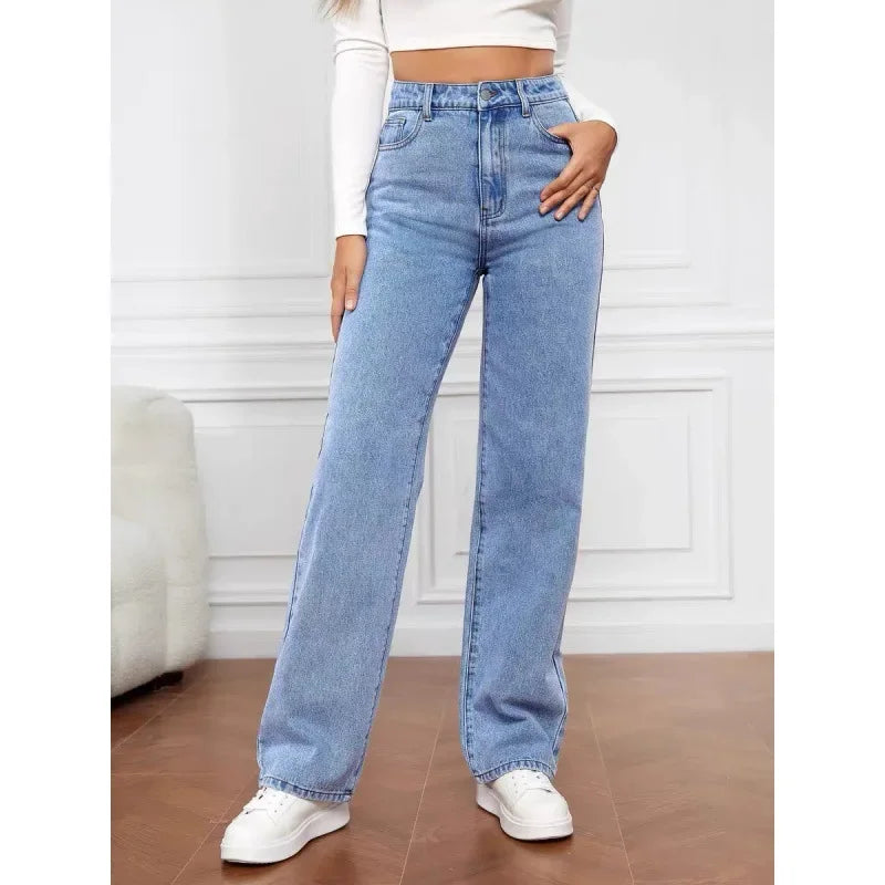 2000s Women’s High Waist Wide Leg Straight Jeans – Y2K Loose Fit Denim Trousers