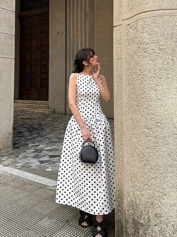 Elegante Maxi Jurk met Polka Dots voor Dames – Mouwloze High-Waist A-lijn Feestjurk