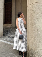 Elegante Maxi Jurk met Polka Dots voor Dames – Mouwloze High-Waist A-lijn Feestjurk
