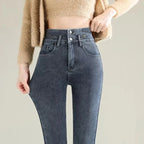 Winter Women’s Chic Fleece-Lined Straight Jeans – Warm High Waist Denim Pants