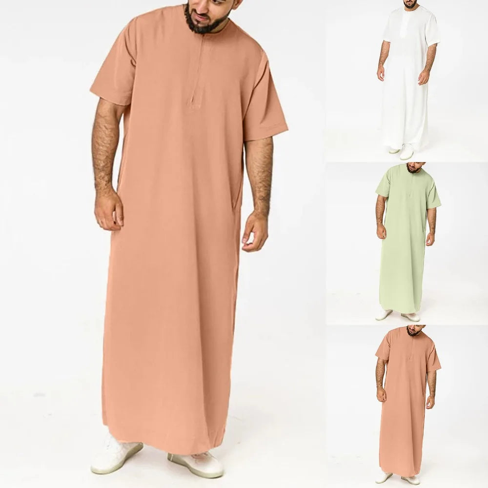 Men’s Muslim Zipper Robe Middle Eastern Arab Shirt-Style Jubba Thobe for Worship & Formal Occasions
