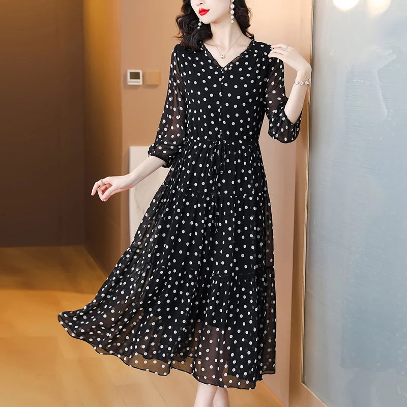 Summer Black Polka Dot Silk Midi Dress – Elegant Ruffled V-Neck Hepburn Style Party Dress