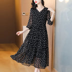 Summer Black Polka Dot Silk Midi Dress – Elegant Ruffled V-Neck Hepburn Style Party Dress