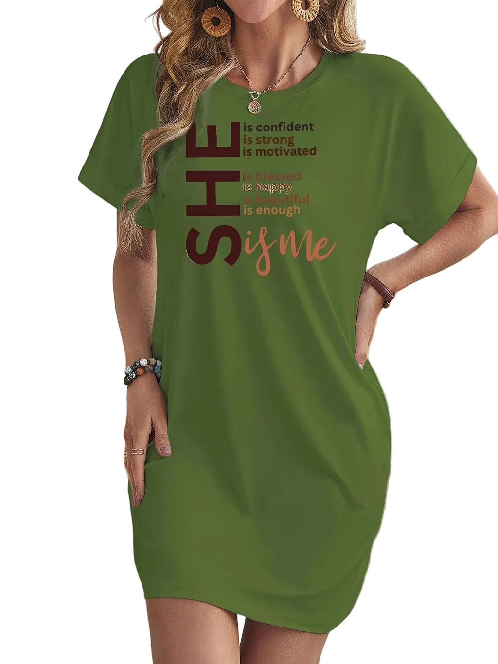 Plus Size Loungejurk voor dames met sloganprint – Nachtjapon met vleermuismouwen en ronde hals