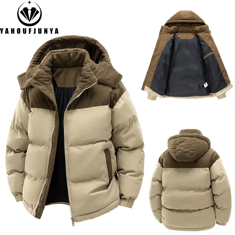 Men’s Autumn Winter Windbreaker Jacket – Warm Casual Parka with Removable Hood & Pockets