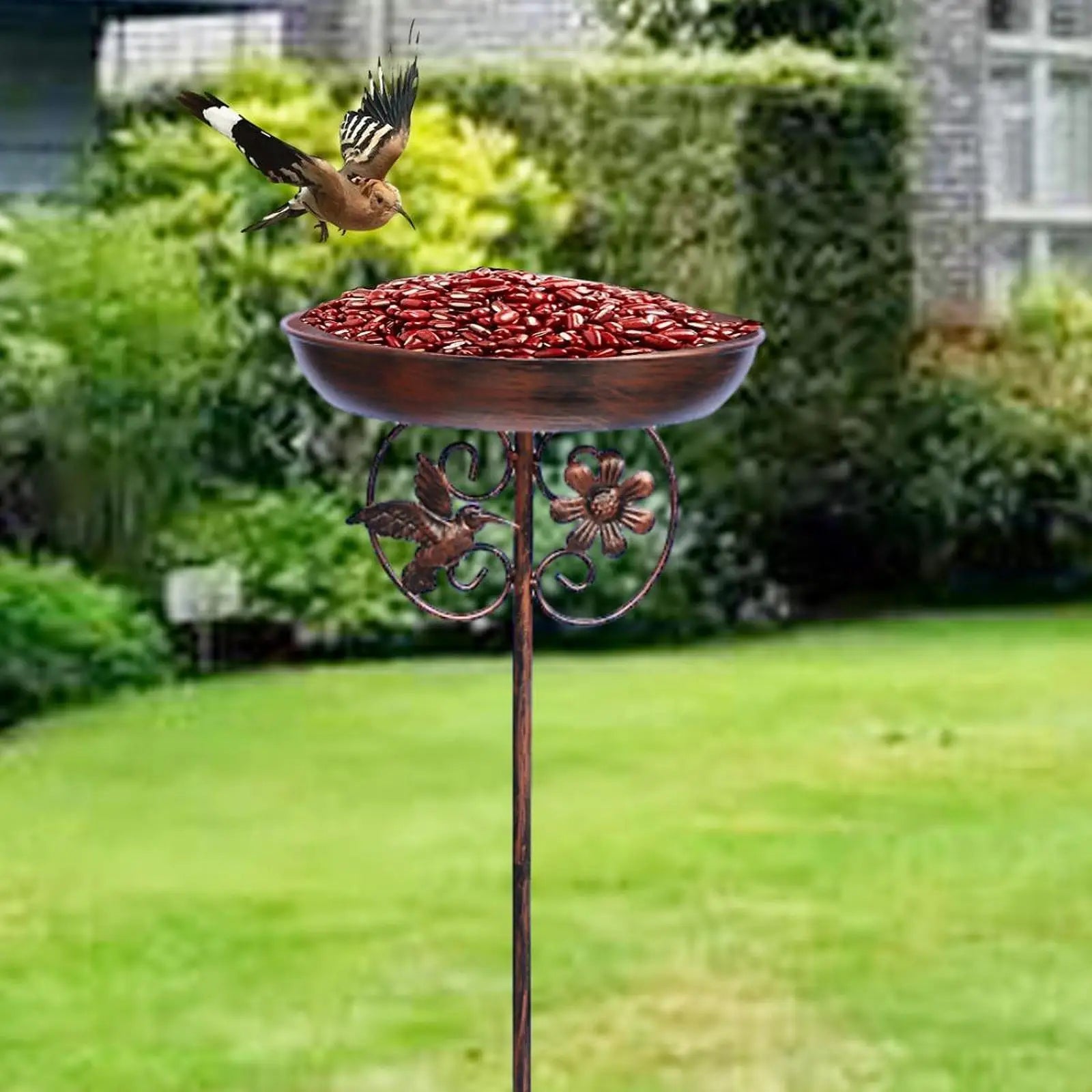 Decorative Metal Bird Bath & Feeder with Garden Stake – Outdoor Water Bowl for Garden, Patio, Lawn & Backyard
