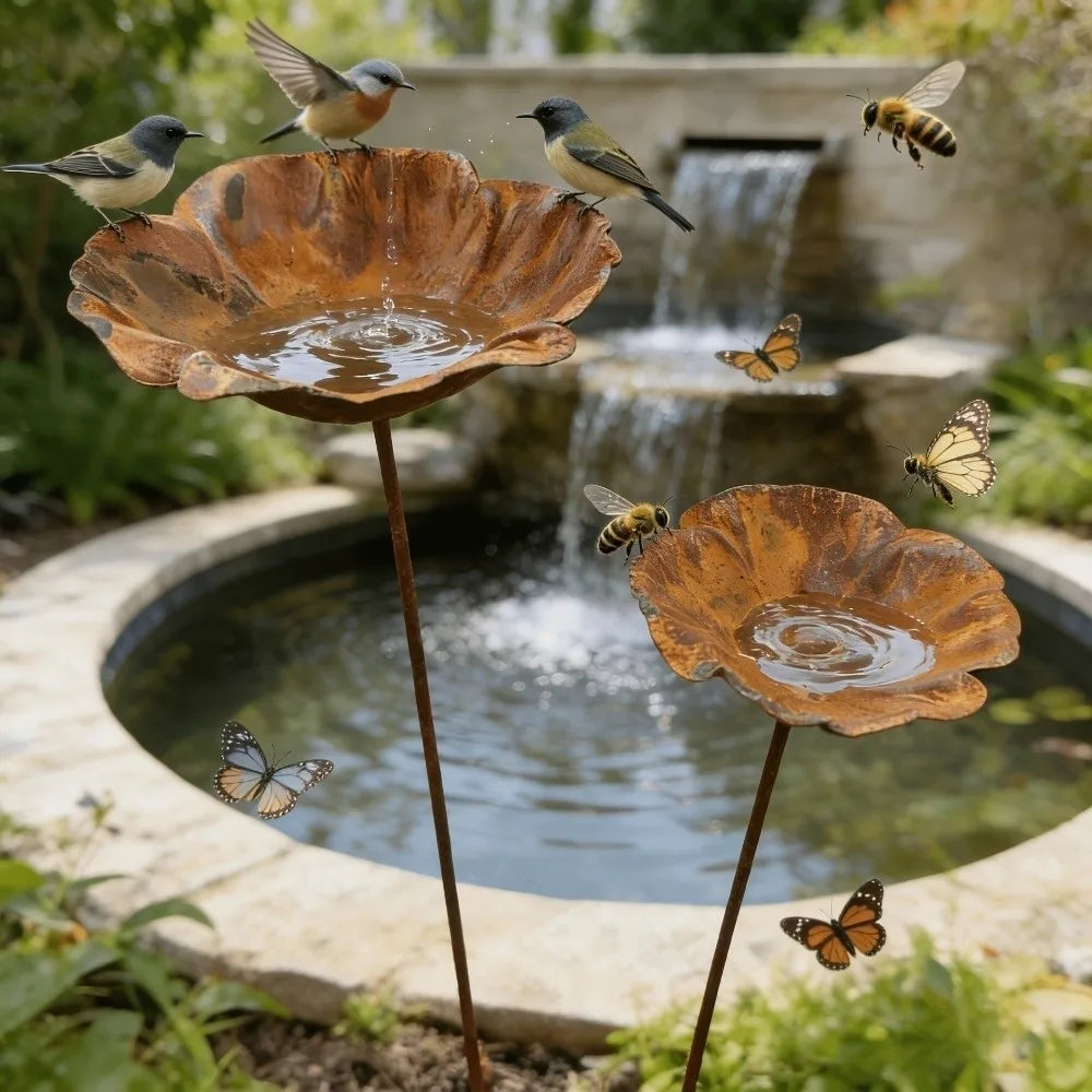 Vintage Flower-Shaped Metal Bird Bath with Garden Stake – Decorative Outdoor Bird Water Bowl for Garden, Lawn & Patio