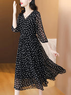 Summer Black Polka Dot Silk Midi Dress – Elegant Ruffled V-Neck Hepburn Style Party Dress