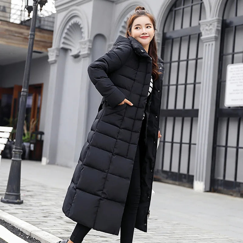 Winter Women’s Long Parka Coat – Fox Fur Collar with Bow Belt