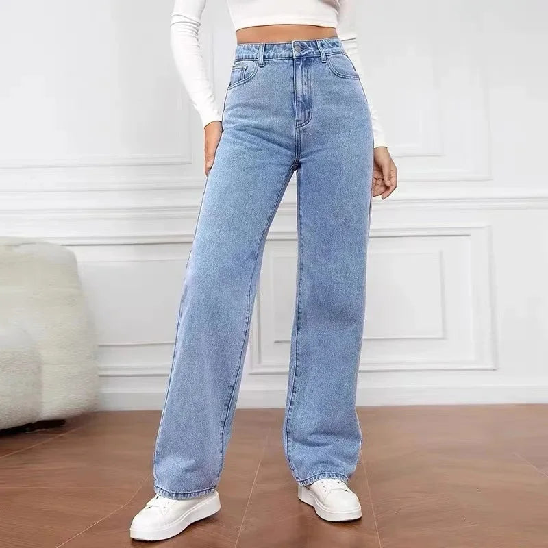 2000s Women’s High Waist Wide Leg Straight Jeans – Y2K Loose Fit Denim Trousers