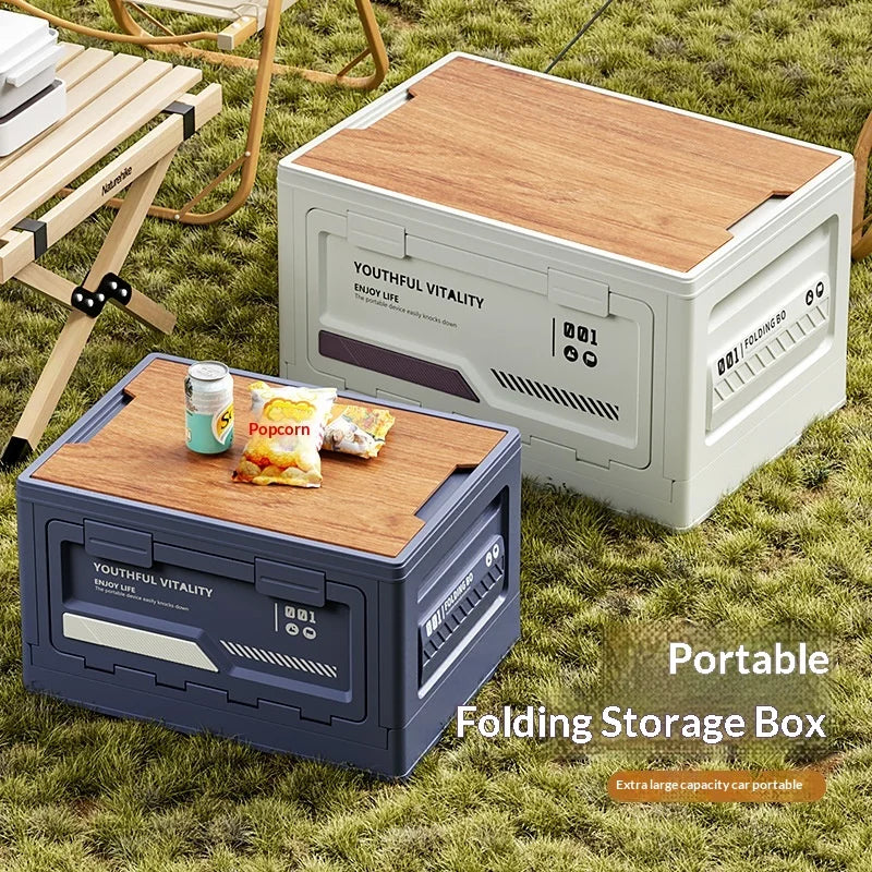 Boîte de rangement pour coffre de voiture – Organisateur de camping pliable avec couvercle en bois