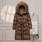 90% White Duck Down Long Coat – Women’s Korean Fashion Belted Parka with Real Fox Fur Hood