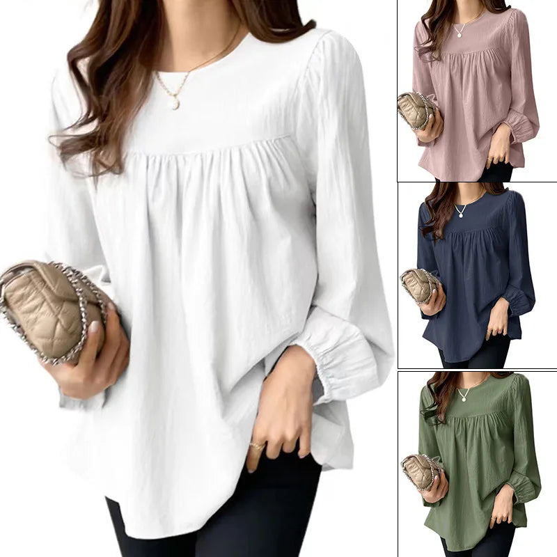 Fashion Elegant Solid Blouse for Women – Long Sleeve O-neck Casual Office Lady Top