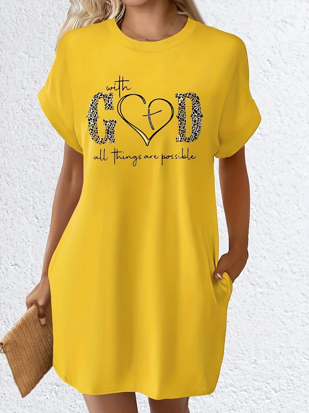 Women’s Casual Knit T-Shirt Dress with “GOD” Letter Print – Crew Neck Short Sleeve