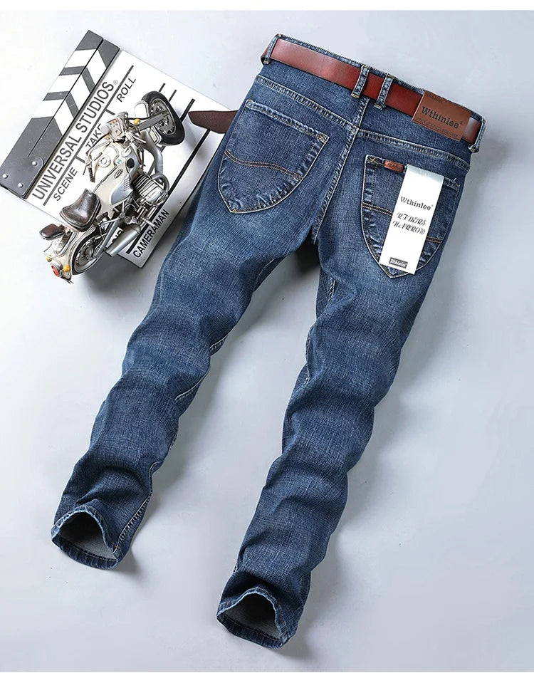 Top Brand Men’s Washed Jeans – High Waist Business Casual Denim Pants