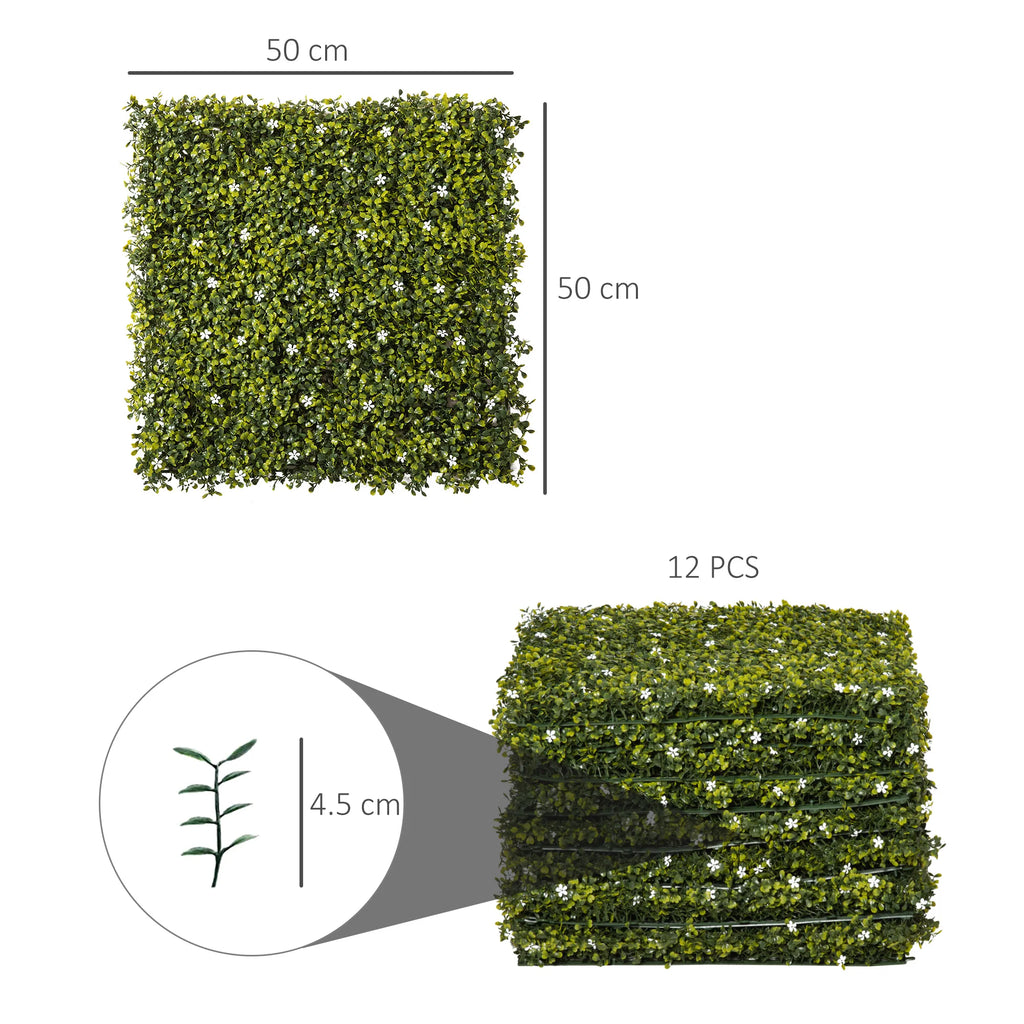 Outsunny 12PCS Artificial Boxwood Wall Panels – 50×50cm Faux Grass Privacy Fence Screen