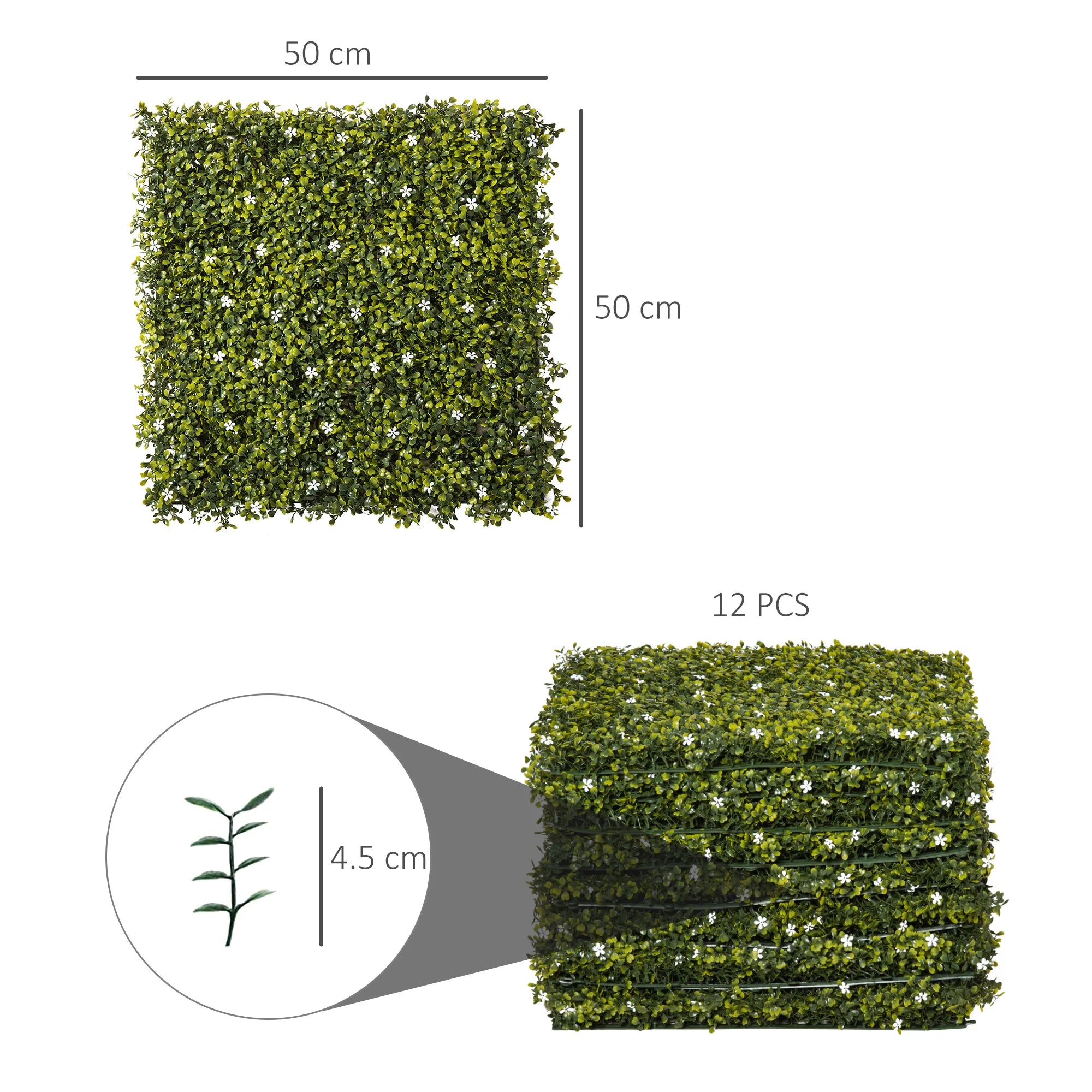 Outsunny 12PCS Artificial Boxwood Wall Panels – 50×50cm Faux Grass Privacy Fence Screen