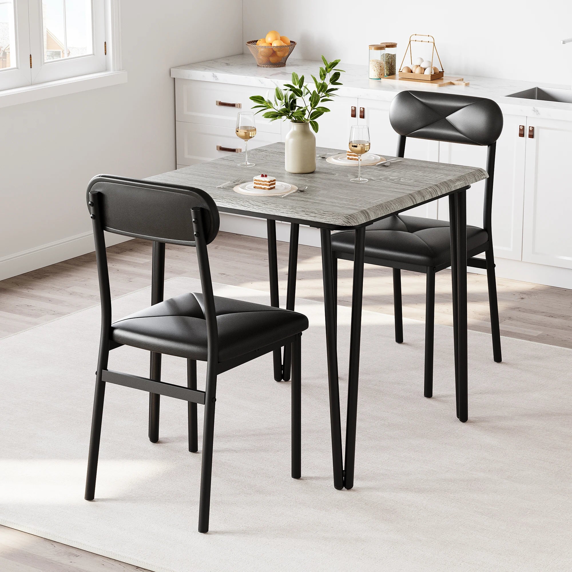 Eettafelset voor 2 – Vierkante keukentafel en gestoffeerde stoelen (3-delige set)