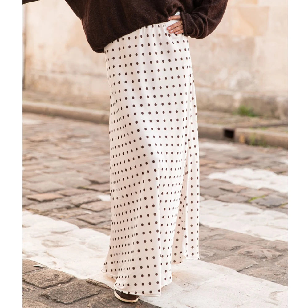 Jupe longue vintage à pois pour femme – Style satin fluide trapèze