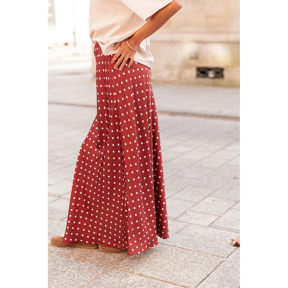 Women Vintage Polka Dot Maxi Skirt – A-Line Flowy Satin Style
