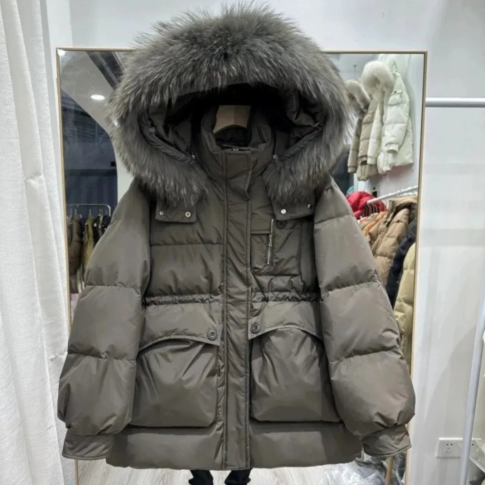 Mid-length Hooded Fluffy Puffer Jacket for Women – Real Raccoon Fur & White Duck Down Winter Coat