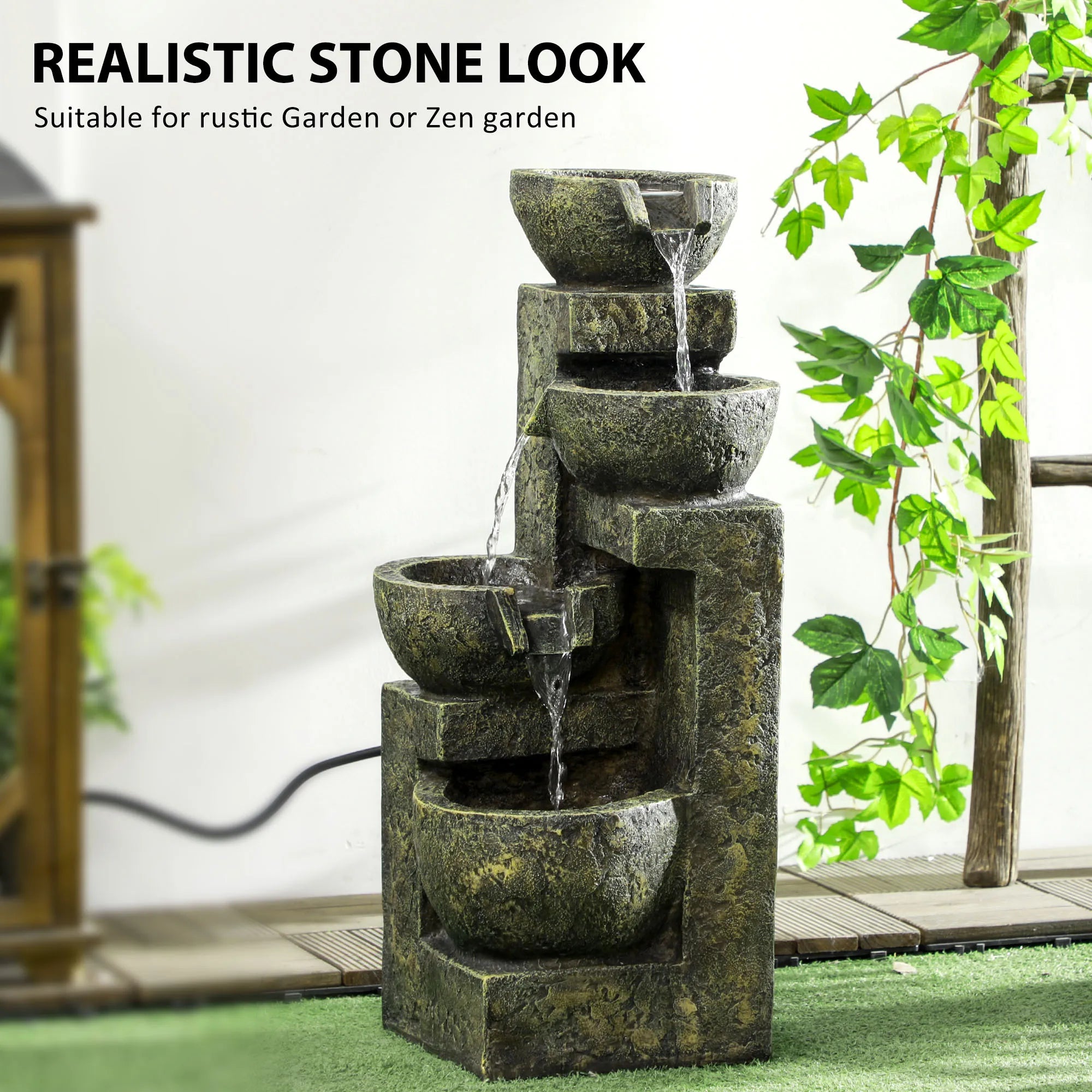 Outsunny 4-Tier Garden Water Feature – Adjustable Flow Stone Look Bowls