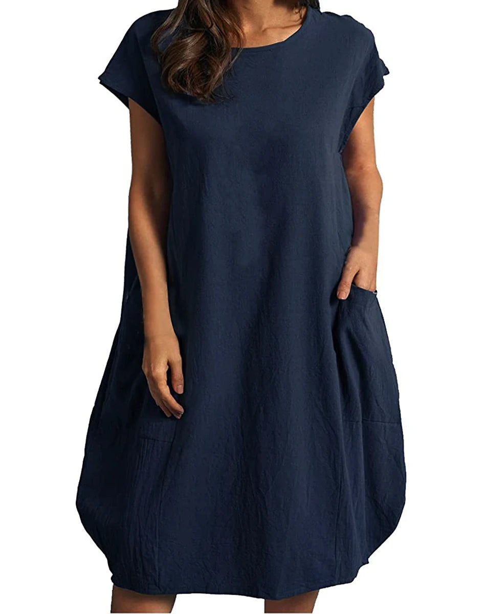Robe décontractée unie Europe & Amérique – Col rond coupe ample (printemps/été)