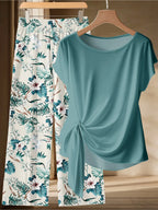 Summer Plus Size Two-Piece Outfit – Twisted Top & Tropical Print Wide Leg Pants