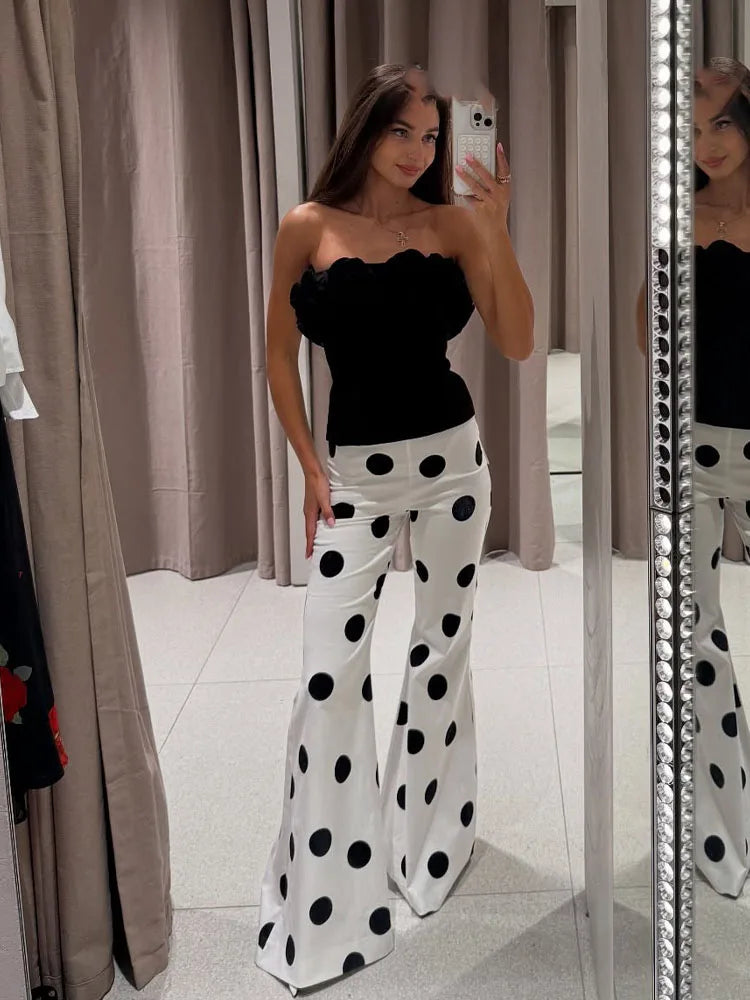 Ensemble deux pièces sans manches et sans dos à pois pour femme – Haut bustier et pantalon évasé taille haute