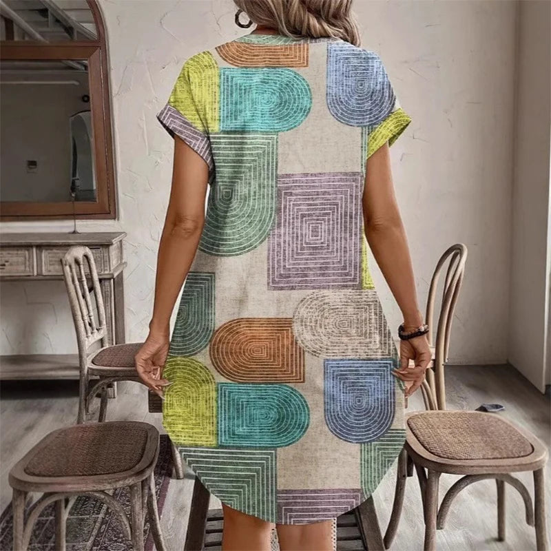 Dames geometrische printjurk – Elegante V-hals met knoopsluiting (zomer)