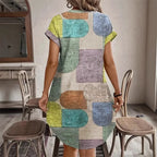 Dames geometrische printjurk – Elegante V-hals met knoopsluiting (zomer)