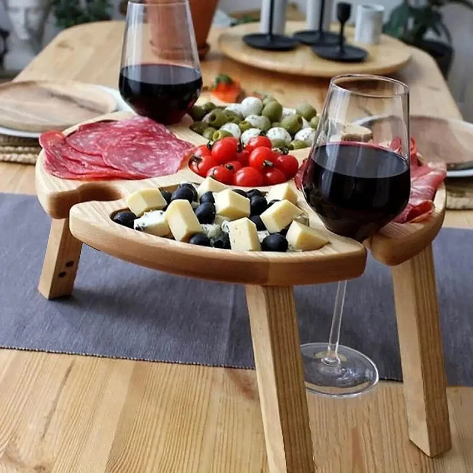 Table de pique-nique pliante en bois de haute qualité avec chaise portable – Plateau de collation et porte-bouteille de vin